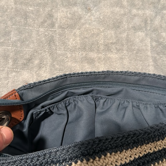 The Sak Crochet Purse, Navy Blue, White Striped, Brown, Zipper, Shoulder, Boho - Picture 6 of 11